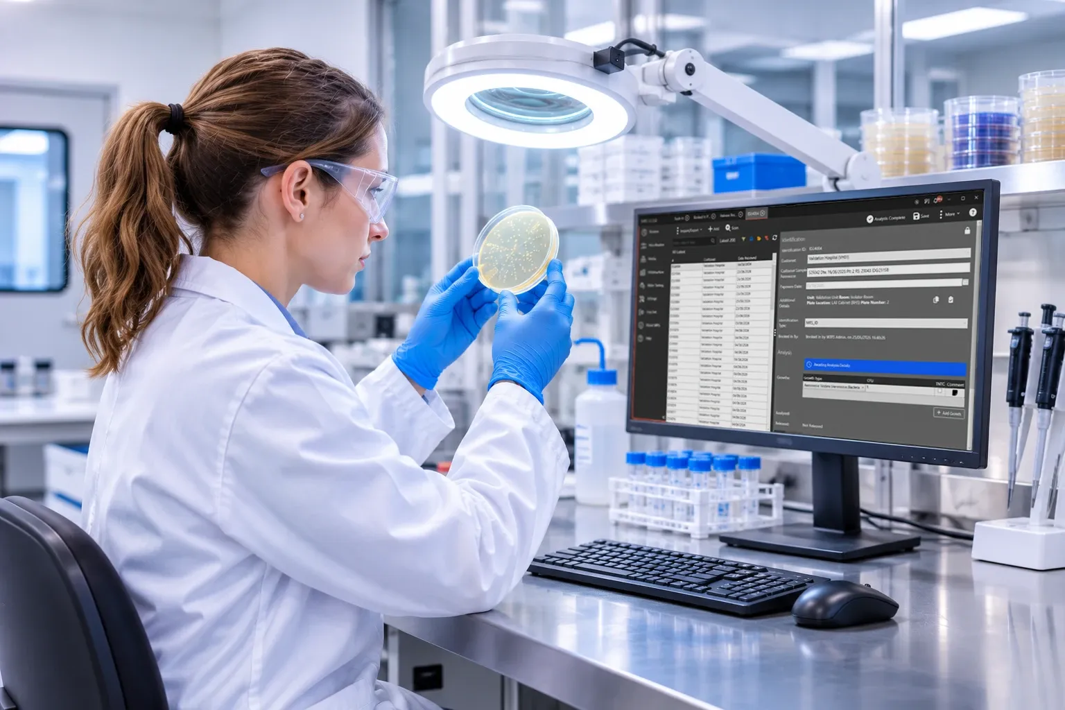 A woman in a lab coat and blue gloves sitting at a desk in front of a computer.