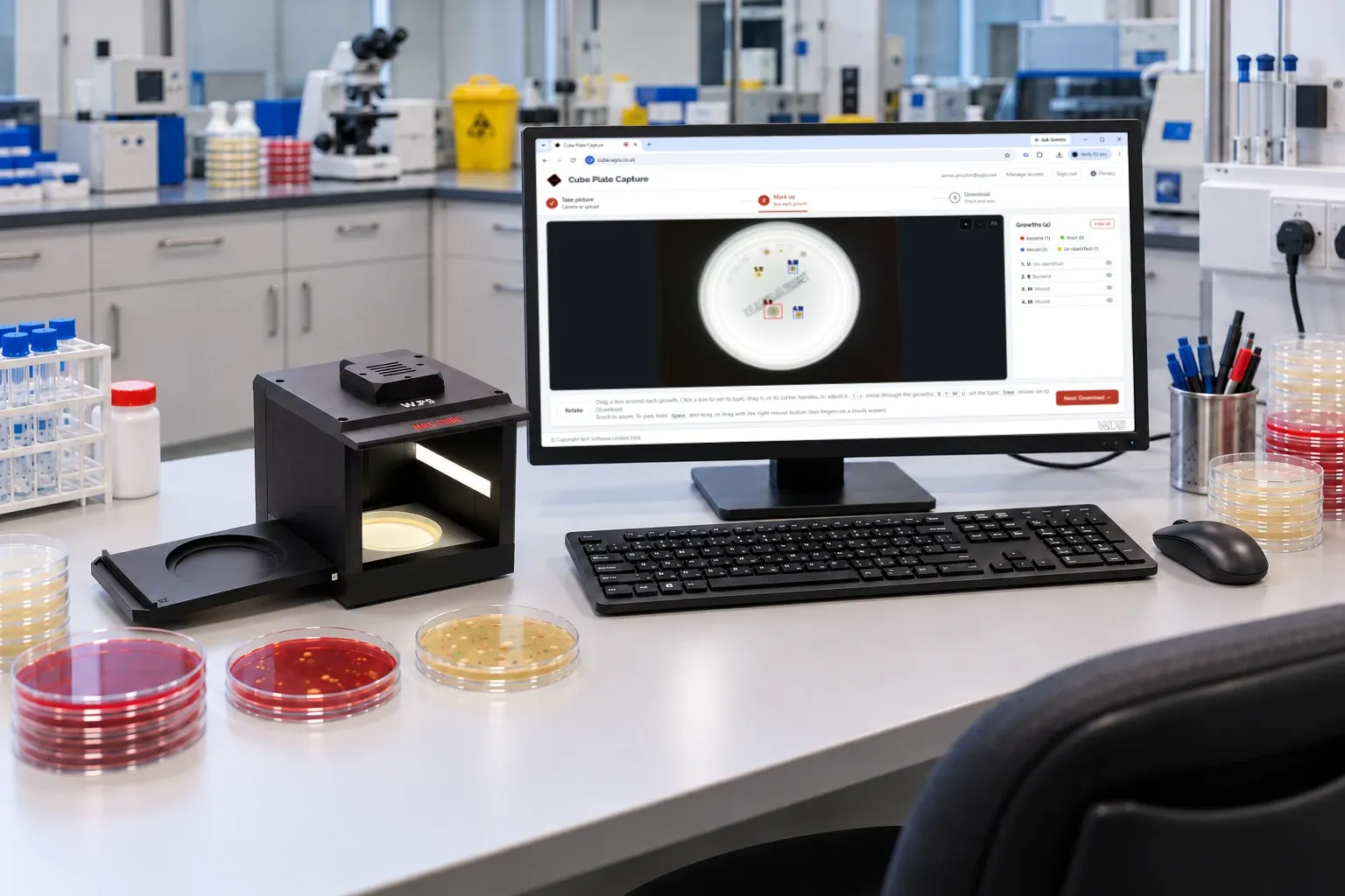 A laboratory with a computer monitor sitting on top of a desk.