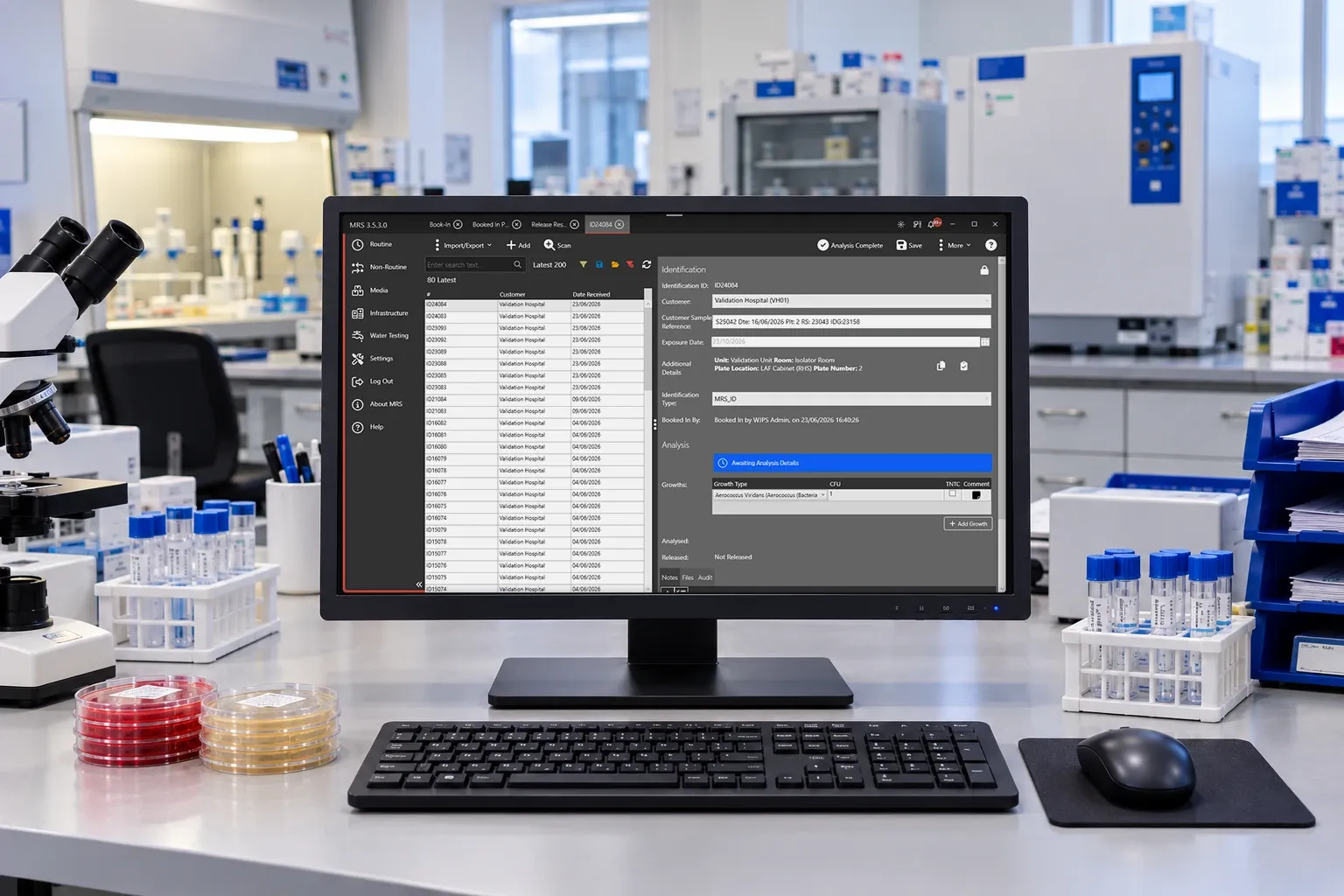 A computer monitor sitting on top of a desk next to a microscope, with a keyboard, mouse, mouse pad, and other objects on the table.