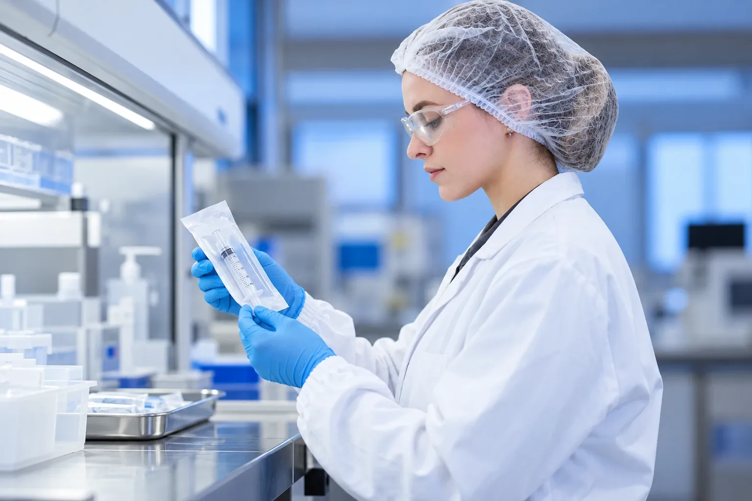 A woman in a white lab coat and blue gloves working in a laboratory.