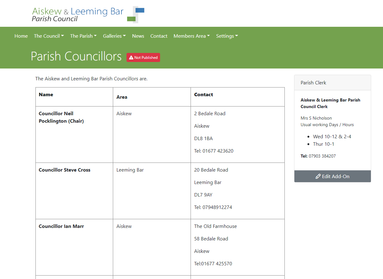 Councillor Profiles displayed in a simple table